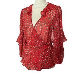 Zara RED animal print WRAP blouse V neck tie close sheer ruffle size M medium